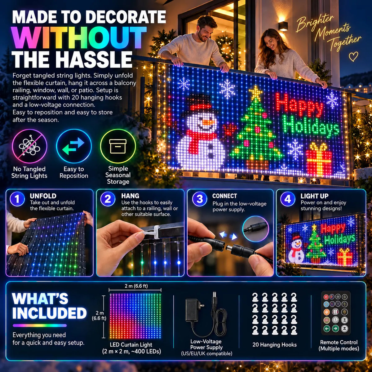 ✨2026 Smart LED Curtain Lights – 400 LEDs, App Control & Music Sync for Balcony, Halloween & Christmas 🎄