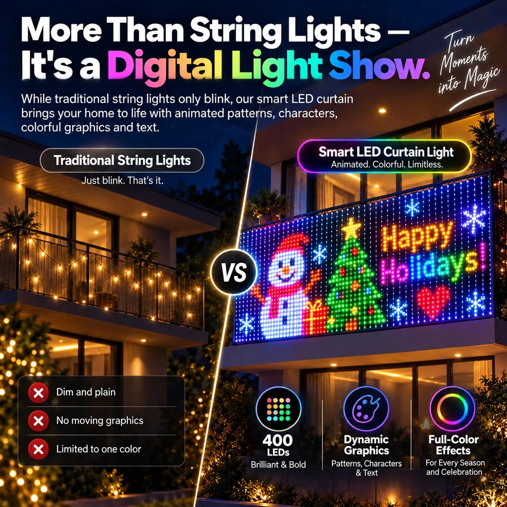 ✨2026 Smart LED Curtain Lights – 400 LEDs, App Control & Music Sync for Balcony, Halloween & Christmas 🎄