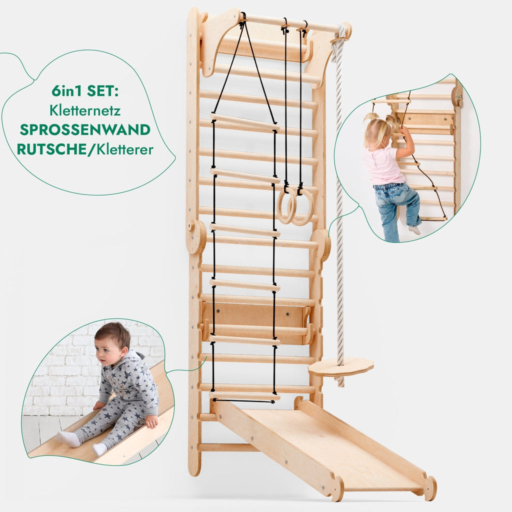 6-in-1 Kletterwand für drinnen: Sprossenwand, Turnringe, Hängeleiter, Tellerschaukel, Rutsche und Klimmzugstange für Kinder