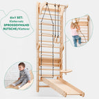 6-in-1 Kletterwand für drinnen: Sprossenwand, Turnringe, Hängeleiter, Tellerschaukel, Rutsche und Klimmzugstange für Kinder