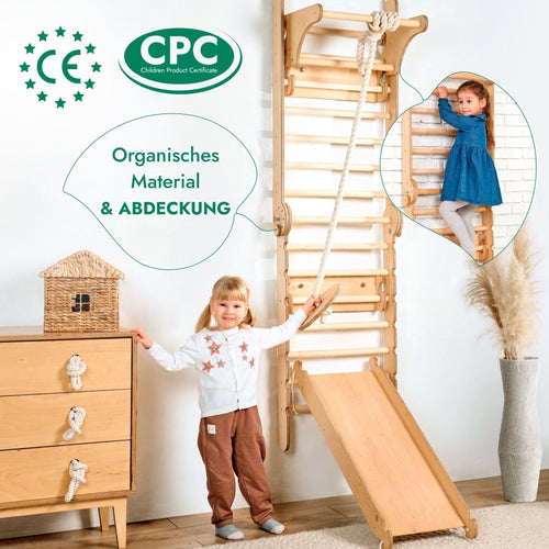 Mur d'escalade d'intérieur 6 en 1 : espalier, anneaux de gymnastique, échelle suspendue, balançoire disque, toboggan et barre de traction pour enfants