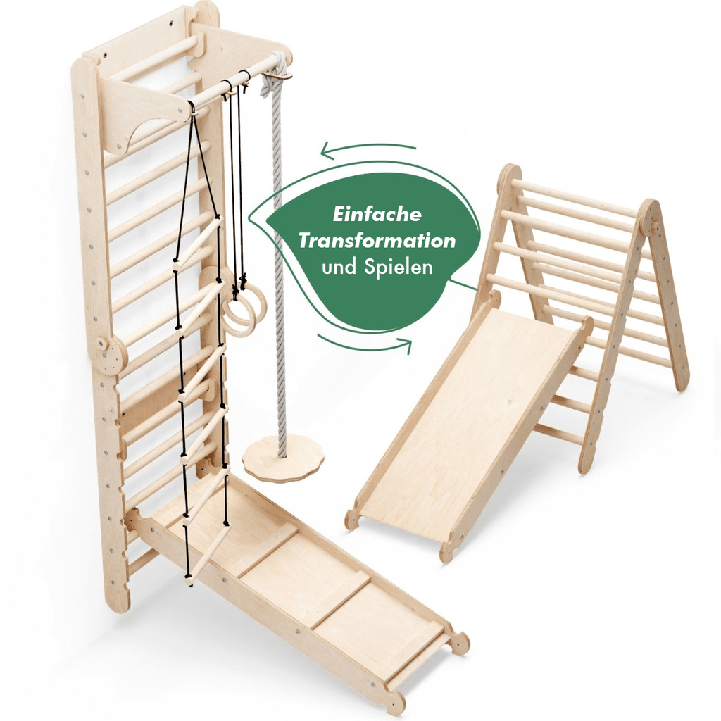 6-in-1 Kletterwand für drinnen: Sprossenwand, Turnringe, Hängeleiter, Tellerschaukel, Rutsche und Klimmzugstange für Kinder