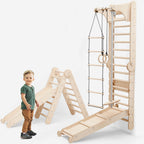 6-in-1 Kletterwand für drinnen: Sprossenwand, Turnringe, Hängeleiter, Tellerschaukel, Rutsche und Klimmzugstange für Kinder