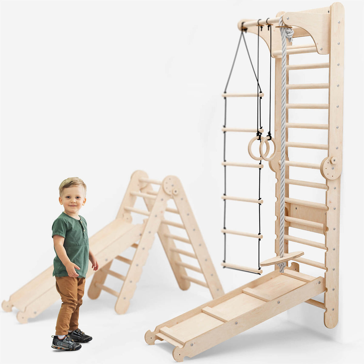 6-in-1 Kletterwand für drinnen: Sprossenwand, Turnringe, Hängeleiter, Tellerschaukel, Rutsche und Klimmzugstange für Kinder