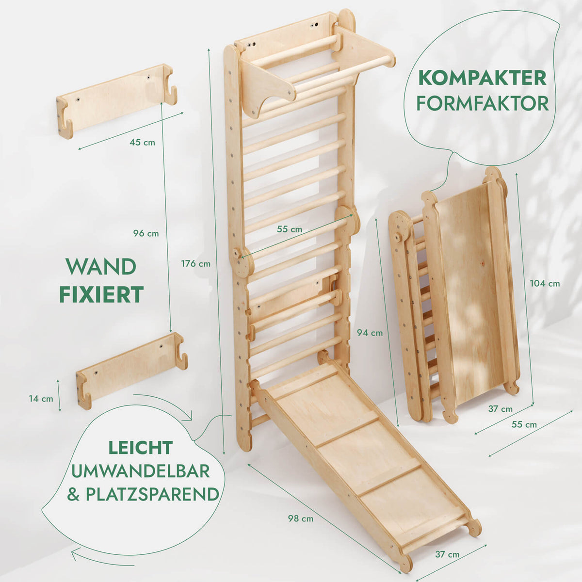 6-in-1 Kletterwand für drinnen: Sprossenwand, Turnringe, Hängeleiter, Tellerschaukel, Rutsche und Klimmzugstange für Kinder